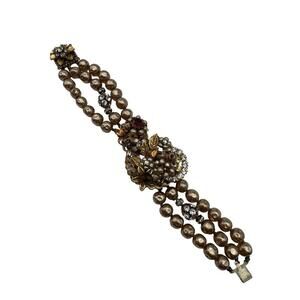 Vintage Original By Robert Gold Tone Leaf Berry Rhinestone Beaded Bracelet